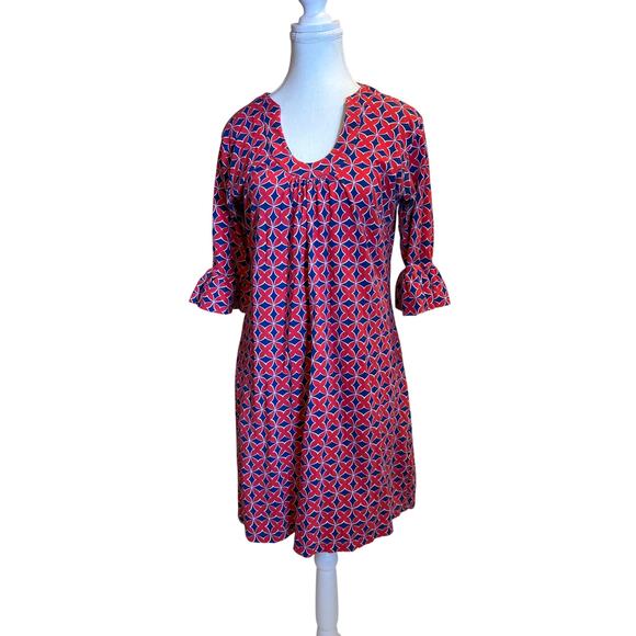 Tracy Negoshian | Red/Blue Geometric Bell Sleeve Cotton Dress | Large - Picture 1 of 16